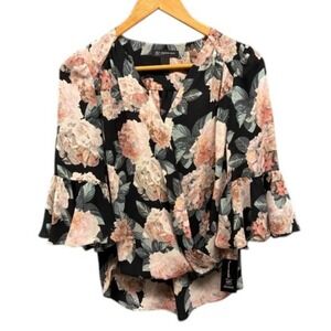 INC Blouse Top Women's Petite S Black Pink Floral Bell Sleeve V Neck NWT